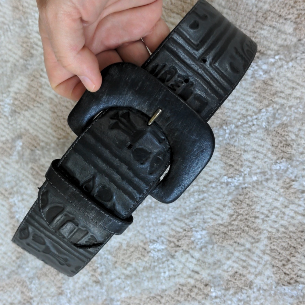Black Tooled Leather Belt, Wide With Sacred Symbols, 27" - 29" Long